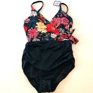 Time & Tru Floral & Black One Piece Swimsuit